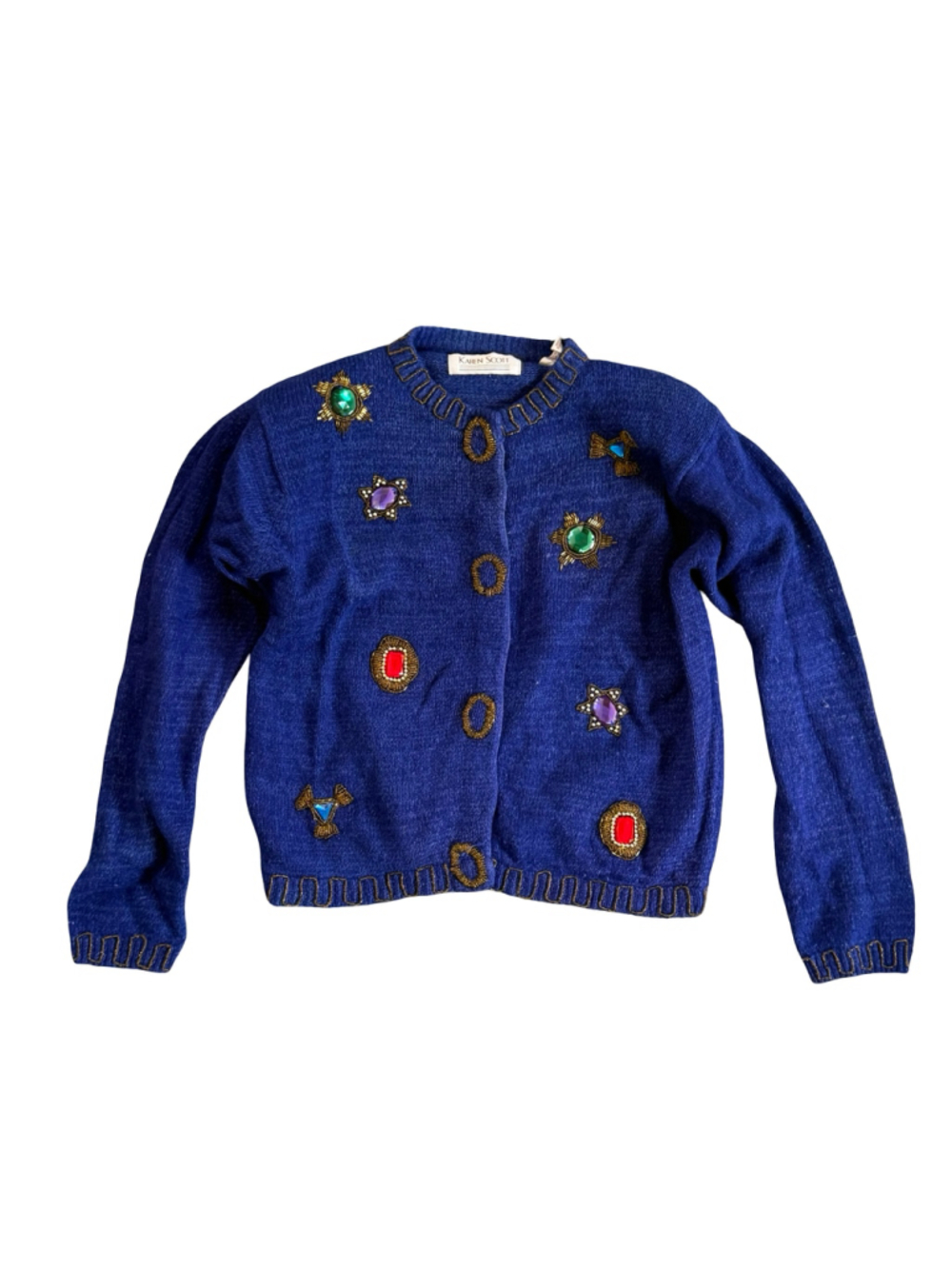Vintage 90s Karen Scott Jewel Beaded Royal Blue Silk Angora Cardigan Sweater M